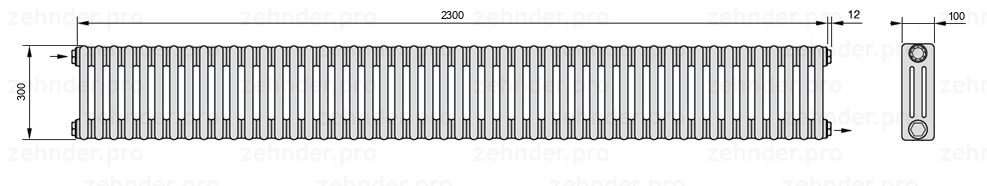 Схема (чертеж) Радиатор Zehnder Charleston 3030/50 №1670 Белый глянцевый RAL 9016